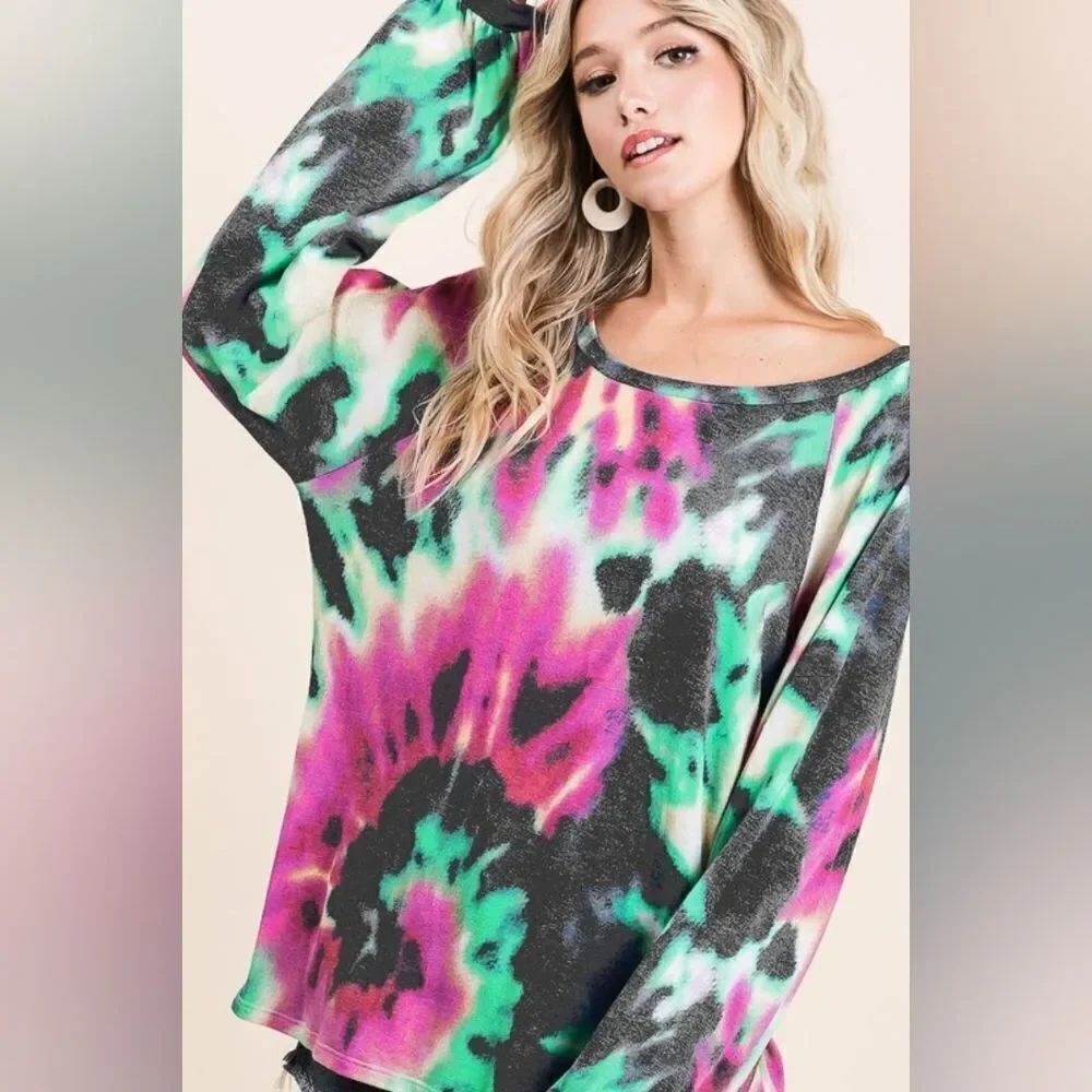 Bibi Dark Tie Dye Print Terry Top With Puff Sleeves Oversized Women's Shirt sz S